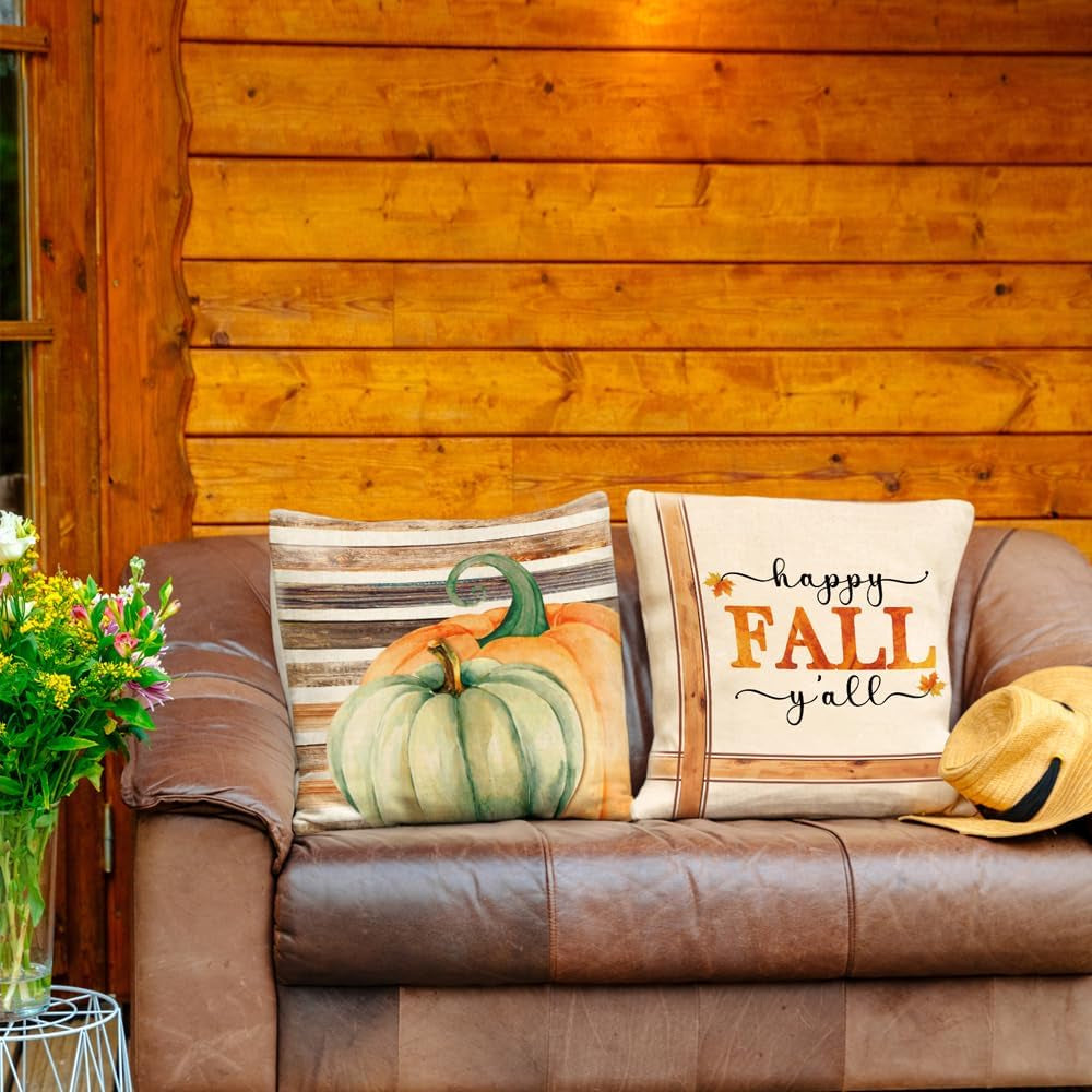 Fall Outdoor Throw Pillow Covers Thanksgiving 18X18 Set of 4 Decorations Autumn Farmhouse Rustic Decor Pumpkin Decorative Cushion Cases for Home Couch Porch Sofa Furniture
