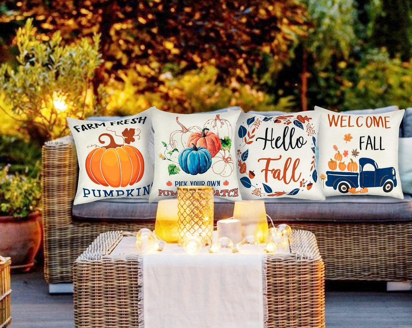 Fall Pillow Covers 18X18 Set of 4, Autumn Fall Outdoor Pillows Harvest Truck Maple Leaves Farmhouse Thanksgiving Fall Throw Pillows for Sofa Couch Room Decor