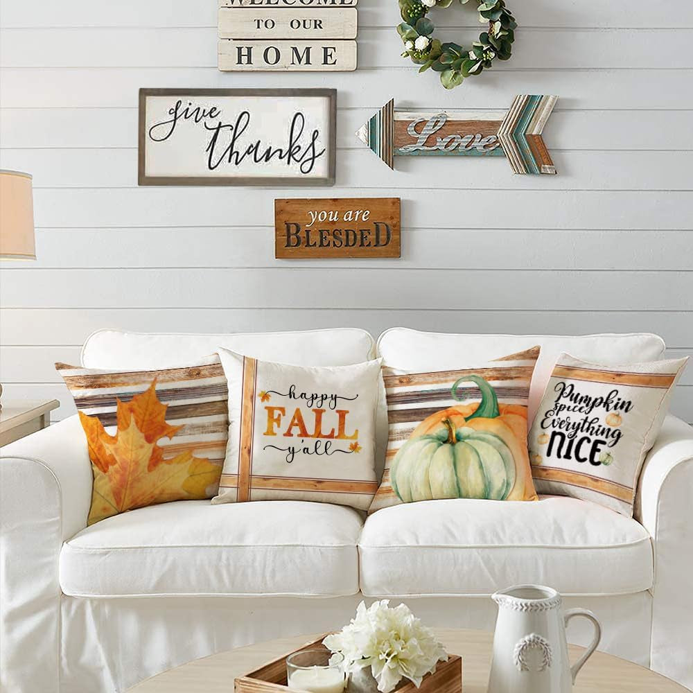 Fall Outdoor Throw Pillow Covers Thanksgiving 18X18 Set of 4 Decorations Autumn Farmhouse Rustic Decor Pumpkin Decorative Cushion Cases for Home Couch Porch Sofa Furniture
