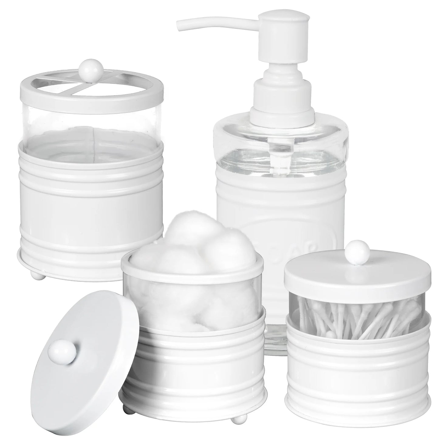 Transform Your Bathroom with Our 4-Piece White Metal Bath Set – Stylish Soap Dispenser, Toothbrush Holder, and Two Chic Apothecary Jars!