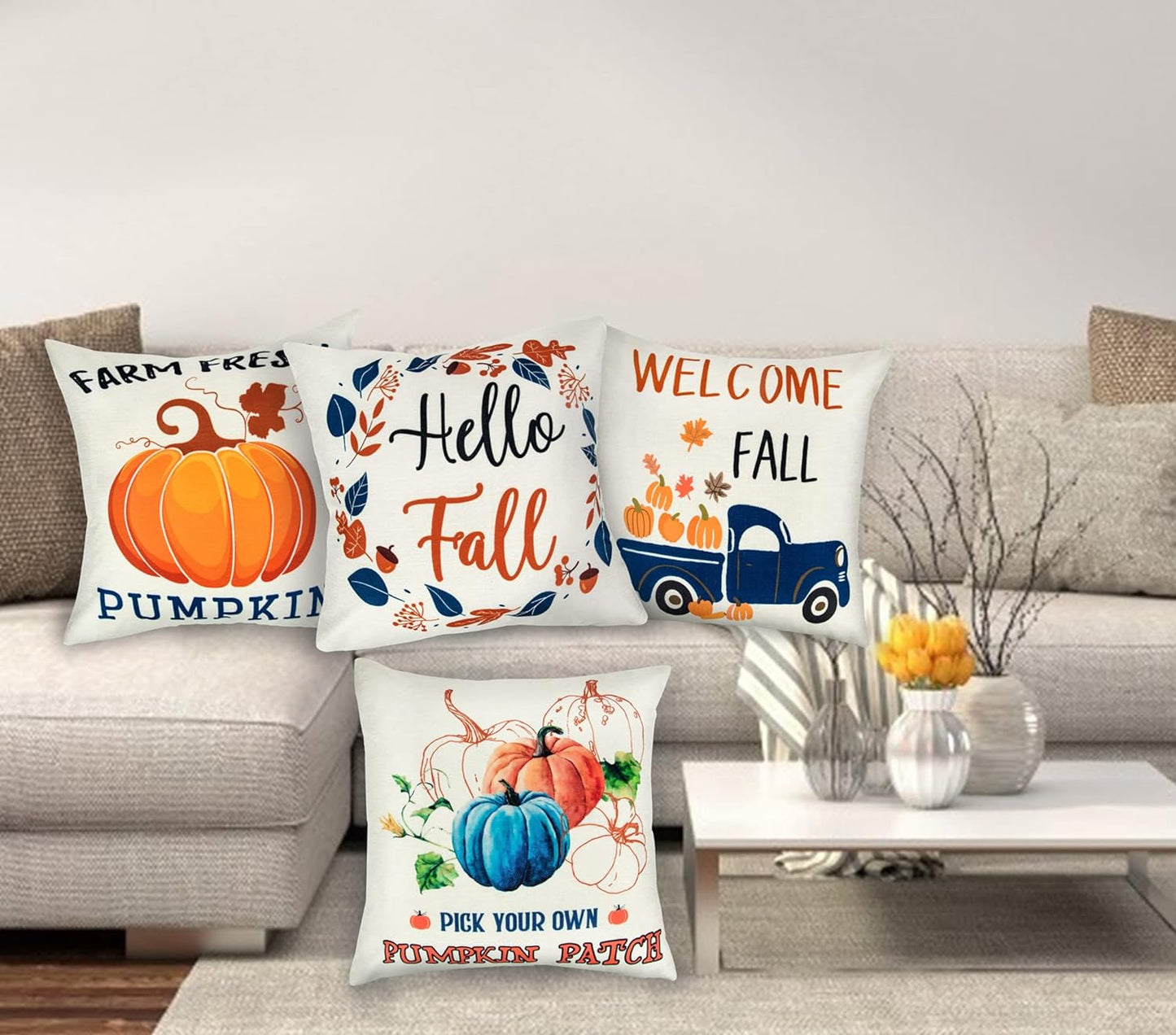 Fall Pillow Covers 18X18 Set of 4, Autumn Fall Outdoor Pillows Harvest Truck Maple Leaves Farmhouse Thanksgiving Fall Throw Pillows for Sofa Couch Room Decor