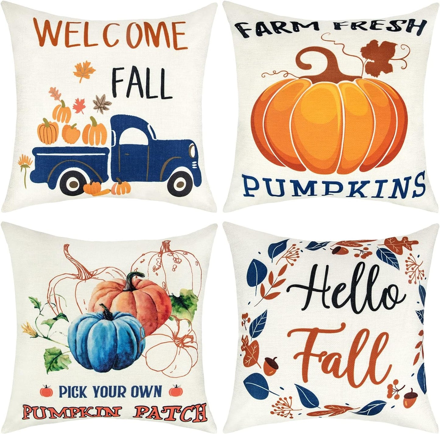 Fall Pillow Covers 18X18 Set of 4, Autumn Fall Outdoor Pillows Harvest Truck Maple Leaves Farmhouse Thanksgiving Fall Throw Pillows for Sofa Couch Room Decor