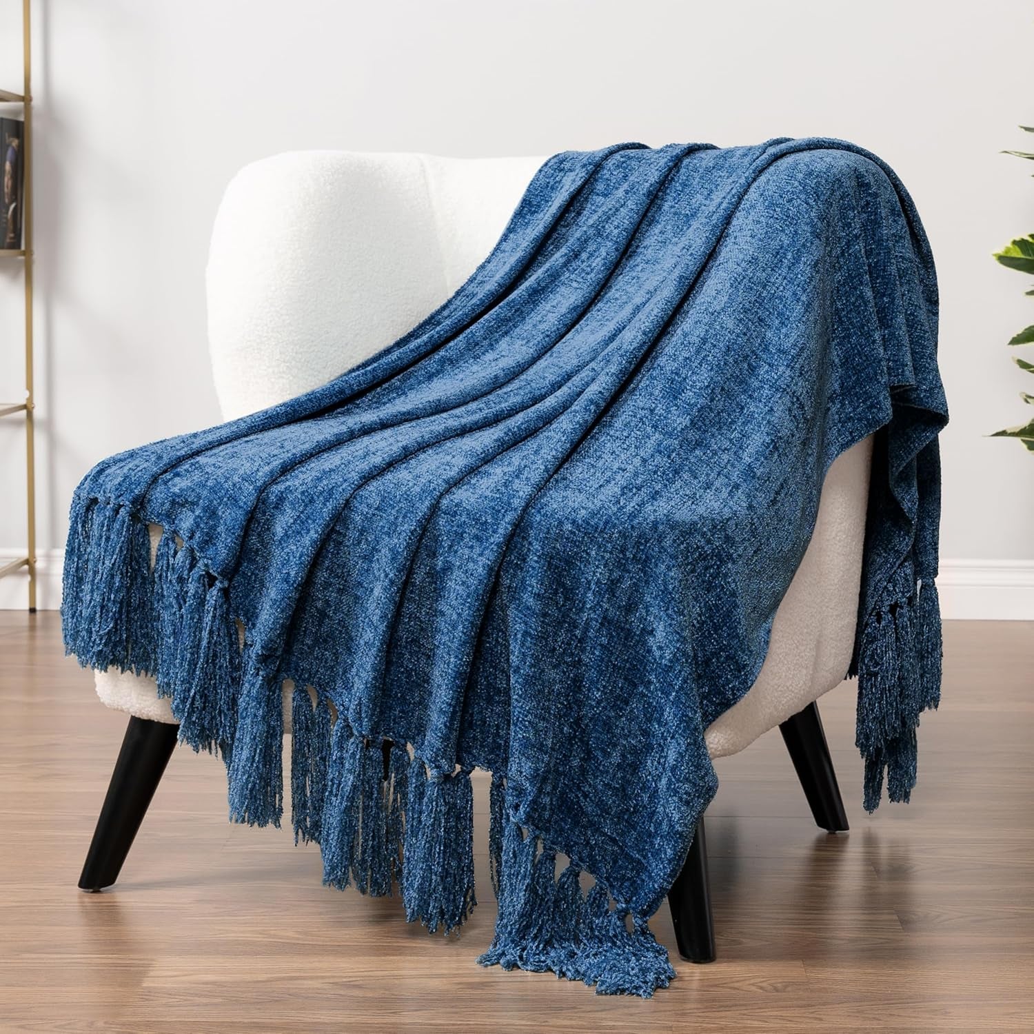 Blue Throw Blanket, Twin Size, Chenille, Knit Woven with Tassel, Decorative Textured, 60X80
