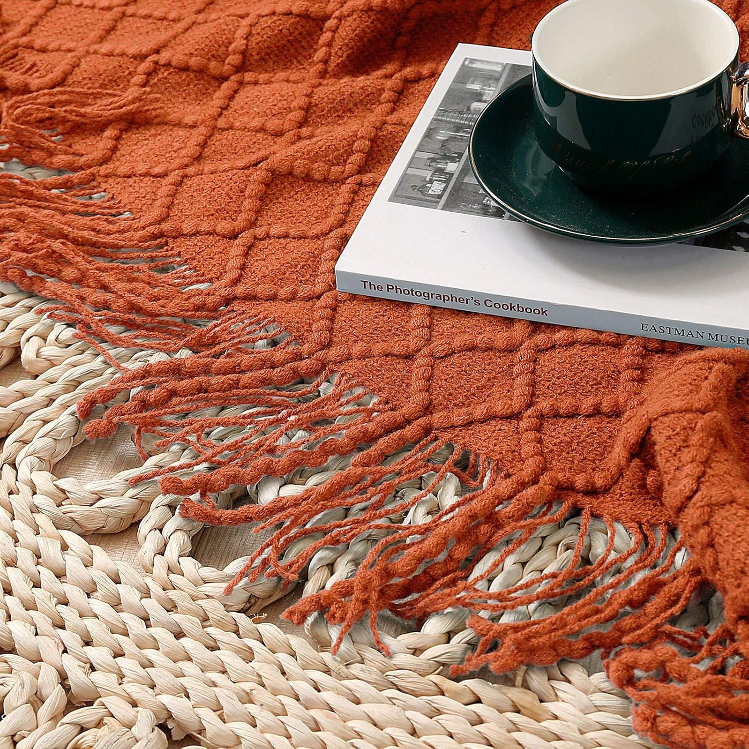 Orange Throw Blankets, Knit Throw Blanket, Boho Throw Blanket for Couch,Bed, Farmhouse Throw Blanket, Lightweight Woven Throw Blanket, Decorative Throw Blanket (50"X60")