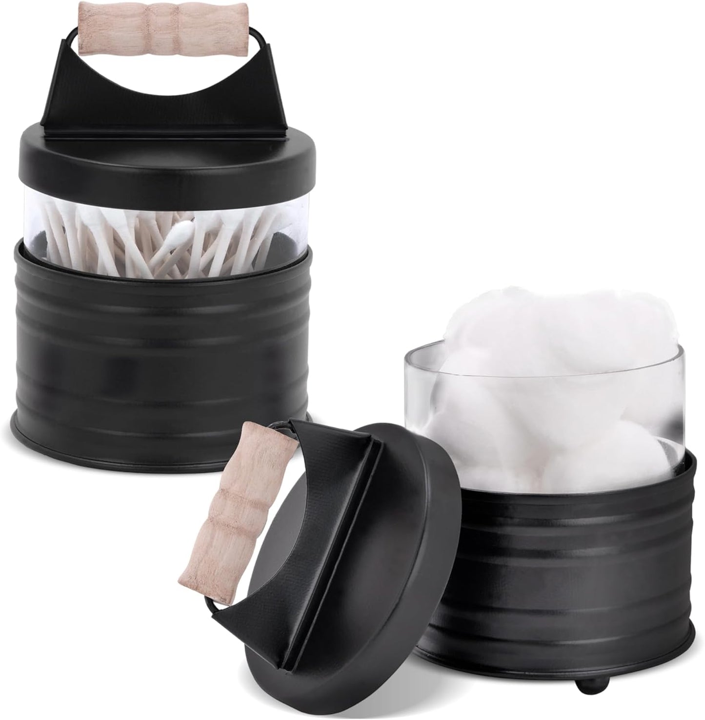 Deluxe Farmhouse Apothecary Jars Set, Black Bathroom Jars Qtip Holder Glass - Rustic Vanity Organizer for Bathroom Counter, Cotton Balls, Swabs, Rounds, Salts 2-Small Glass with Lids