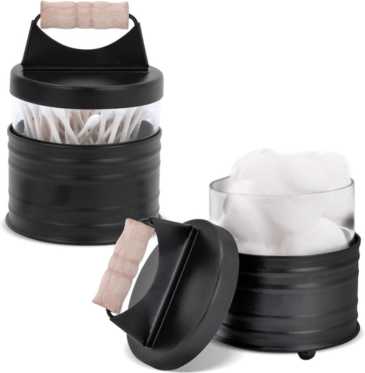 Deluxe Farmhouse Apothecary Jars Set, Black Bathroom Jars Qtip Holder Glass - Rustic Vanity Organizer for Bathroom Counter, Cotton Balls, Swabs, Rounds, Salts 2-Small Glass with Lids