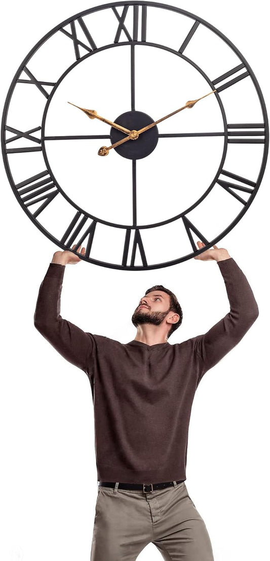 Large 30 Inch Industrial Decorative Roman Numeral Wall Clock, Black Metal, Silent Battery Operated, Vintage Indoor Outdoor Metal Clock for Living Room, Bedroom, Kitchen, Patio