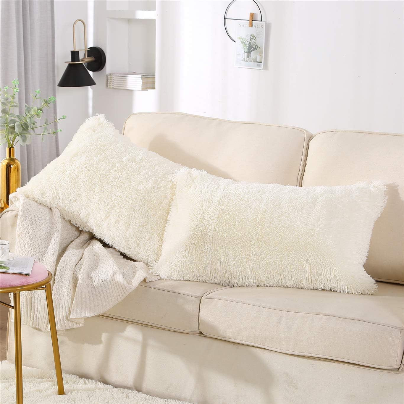Fluffy Pillowcase Standard Size Set of 2, Creamy White, Sherpa Shaggy Pillow Cases Decorative Covers with Zipper (Cream White)