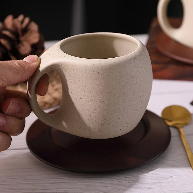 Elegant Retro Ceramic Coffee Cup and Saucer Set with Wooden Coasters - Perfect for Lattes, Teas, and More!