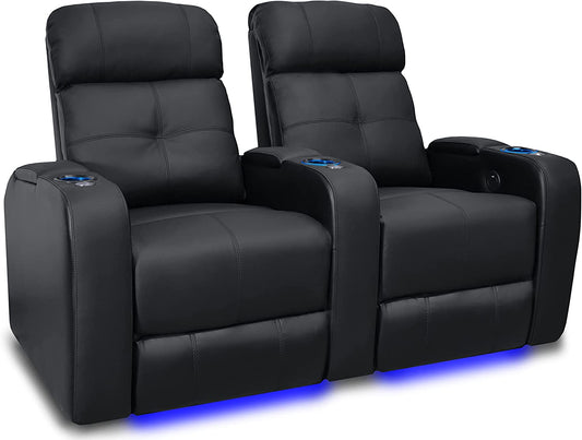 Experience Luxury with Valencia Verona Home Theater Seating - Premium Top Grain Italian Leather Power Recliner with LED Lighting (Row of 2, Black)