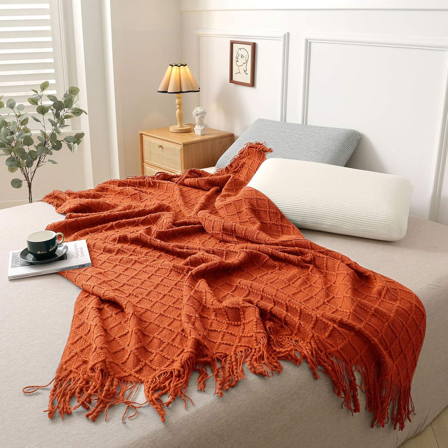 Orange Throw Blankets, Knit Throw Blanket, Boho Throw Blanket for Couch,Bed, Farmhouse Throw Blanket, Lightweight Woven Throw Blanket, Decorative Throw Blanket (50"X60")