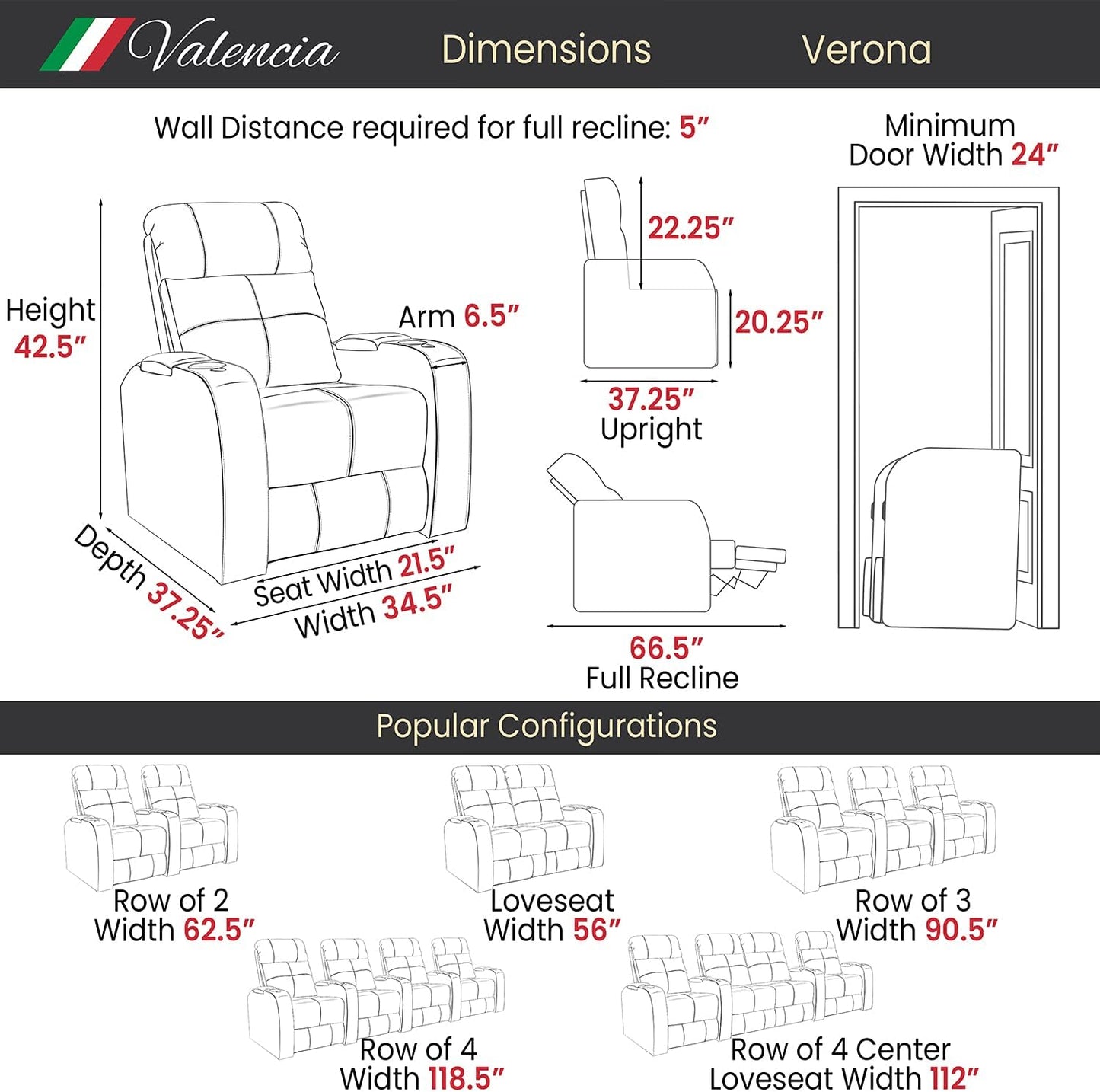 Experience Luxury with Valencia Verona Home Theater Seating - Premium Top Grain Italian Leather Power Recliner with LED Lighting (Row of 2, Black)