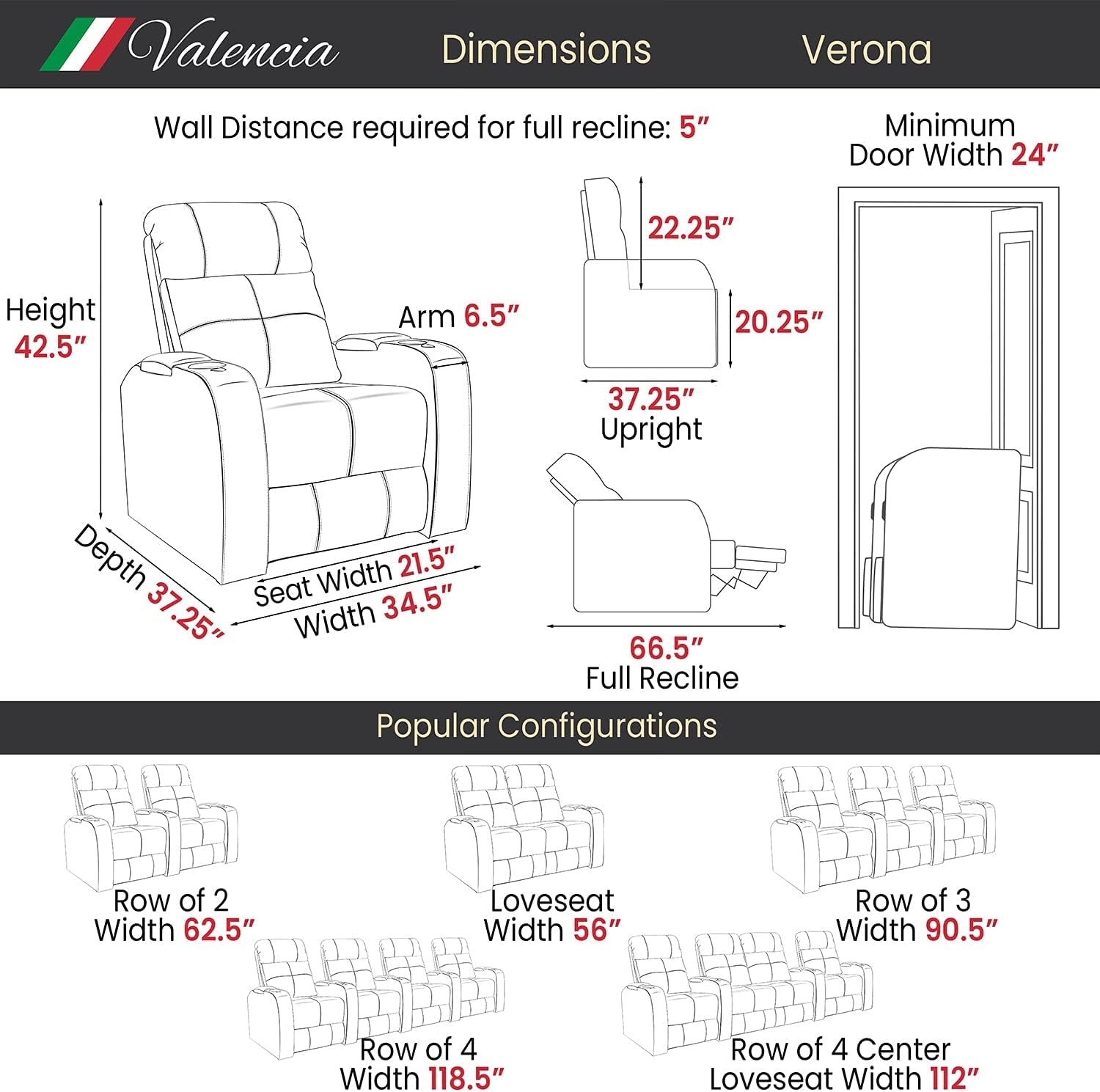 Experience Luxury with Valencia Verona Home Theater Seating - Premium Top Grain Italian Leather Power Recliner with LED Lighting (Row of 2, Black)