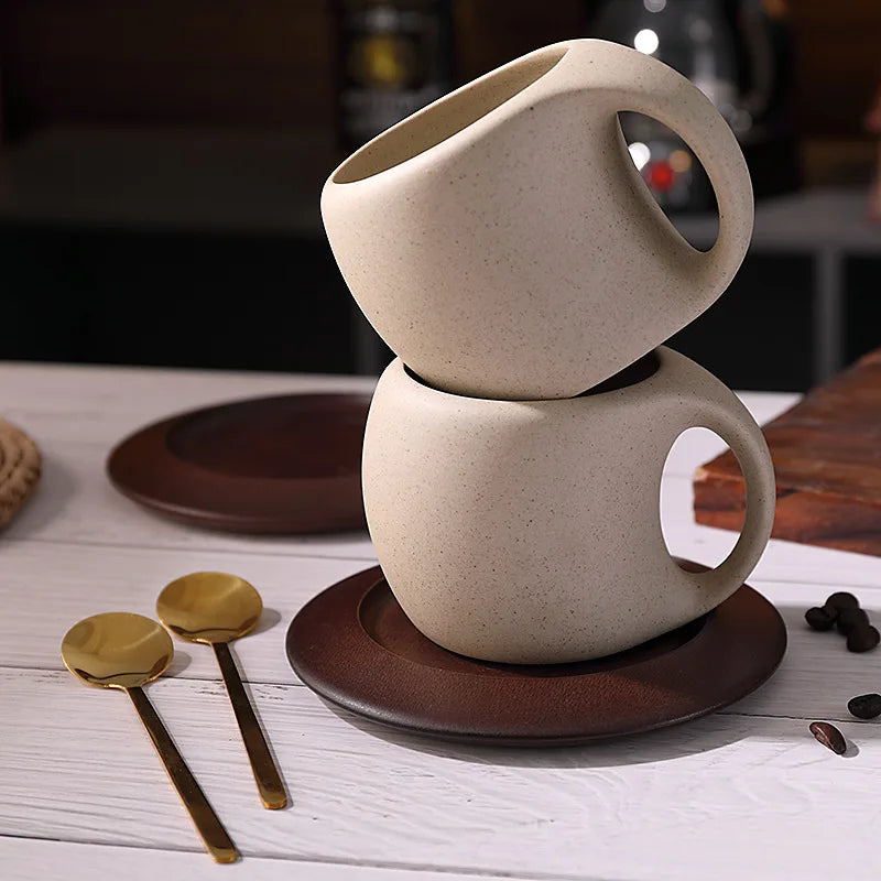 Elegant Retro Ceramic Coffee Cup and Saucer Set with Wooden Coasters - Perfect for Lattes, Teas, and More!