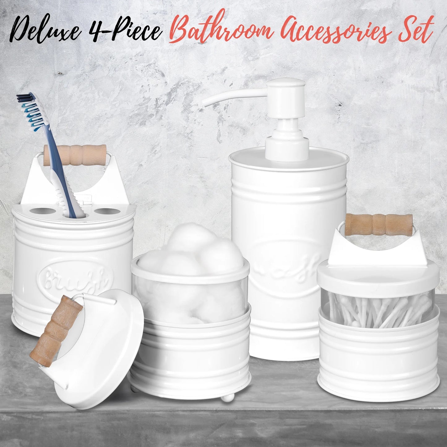 Elevate Your Bathroom Aesthetic with the Farmhouse 4-Piece White Bathroom Accessories Set