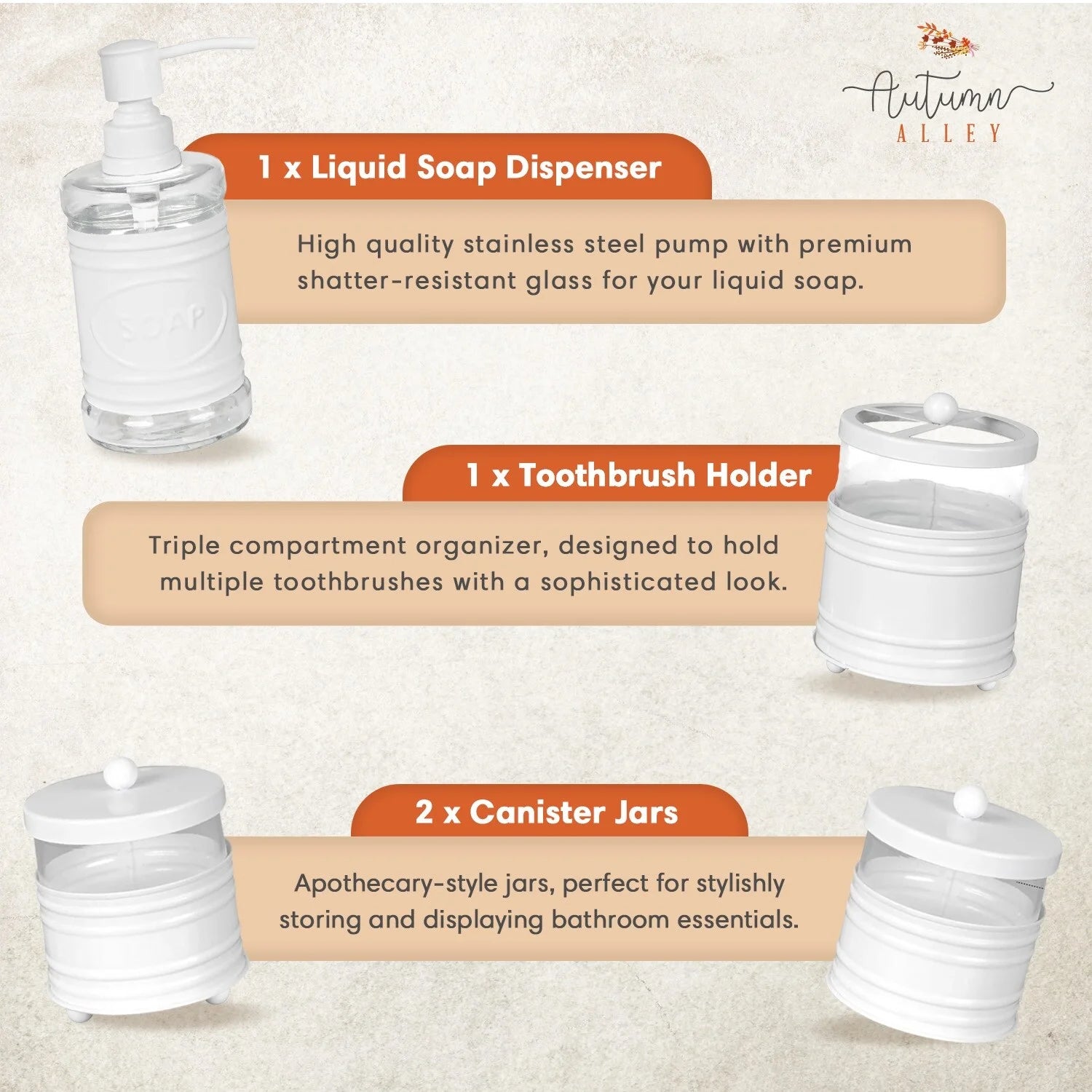 Transform Your Bathroom with Our 4-Piece White Metal Bath Set – Stylish Soap Dispenser, Toothbrush Holder, and Two Chic Apothecary Jars!