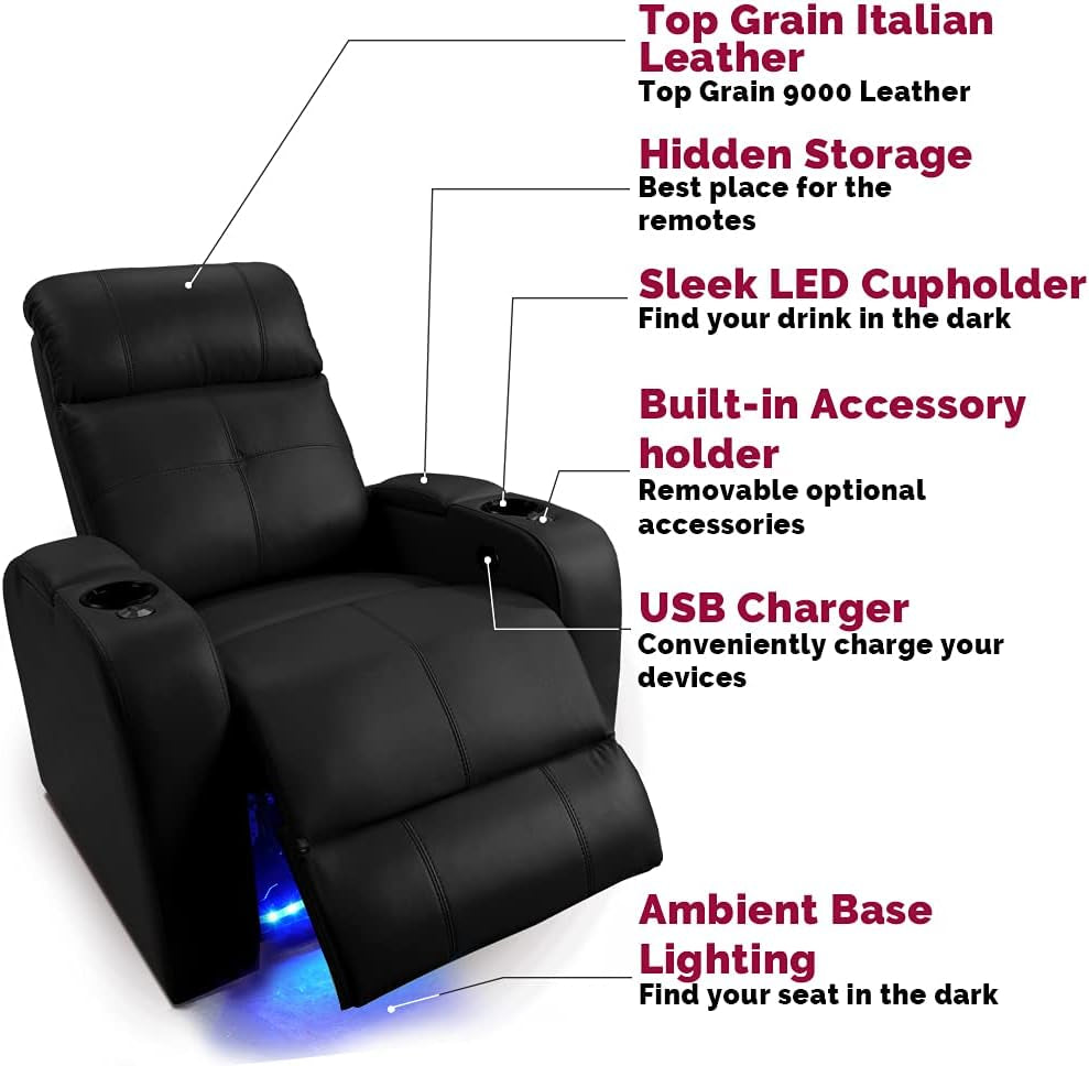 Experience Luxury with Valencia Verona Home Theater Seating - Premium Top Grain Italian Leather Power Recliner with LED Lighting (Row of 2, Black)