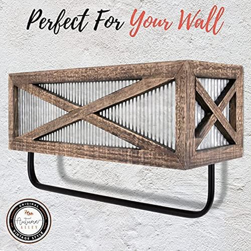 Chic Farmhouse Rustic Towel Rack and Shelf - Stylish Wood and Galvanized Metal Design for Your Bathroom and Kitchen - Wall Mounted Storage Solution in Rustic Brown