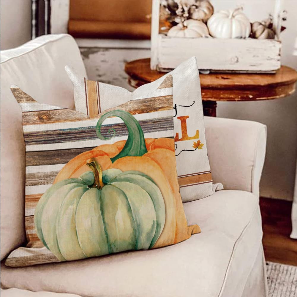Fall Outdoor Throw Pillow Covers Thanksgiving 18X18 Set of 4 Decorations Autumn Farmhouse Rustic Decor Pumpkin Decorative Cushion Cases for Home Couch Porch Sofa Furniture