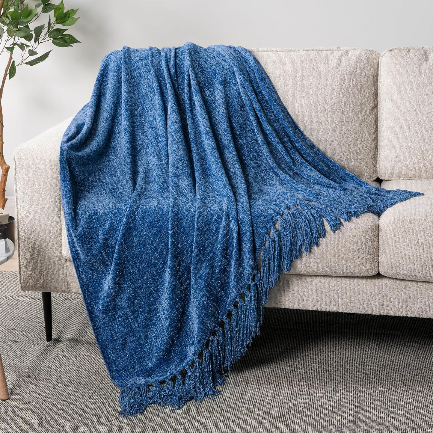 Blue Throw Blanket, Twin Size, Chenille, Knit Woven with Tassel, Decorative Textured, 60X80