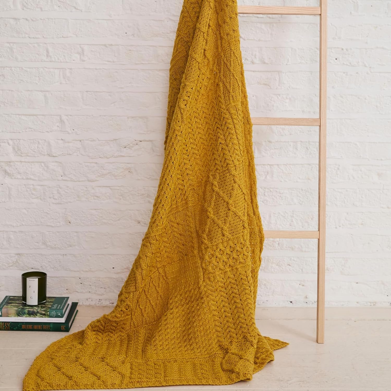 Patchwork Blanket, 100% Merino Wool, Cable Throw Blanket for Couch or Bed, Made in Ireland, Keel, Yellow, 40" X 60" (102 X 152 Cm)