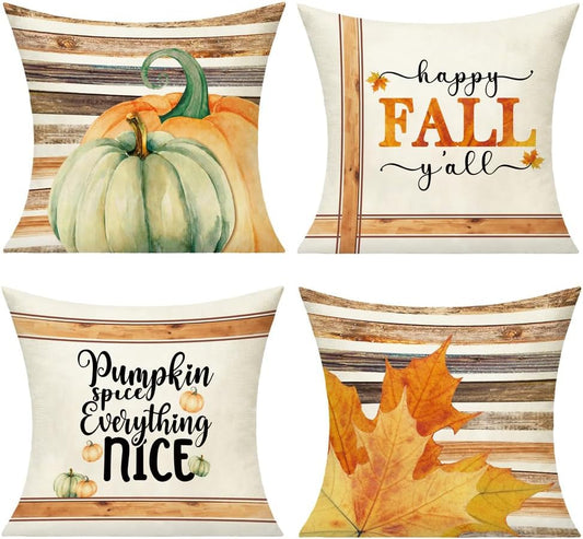 Fall Outdoor Throw Pillow Covers Thanksgiving 18X18 Set of 4 Decorations Autumn Farmhouse Rustic Decor Pumpkin Decorative Cushion Cases for Home Couch Porch Sofa Furniture