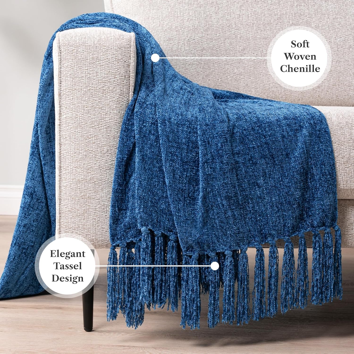 Blue Throw Blanket, Twin Size, Chenille, Knit Woven with Tassel, Decorative Textured, 60X80