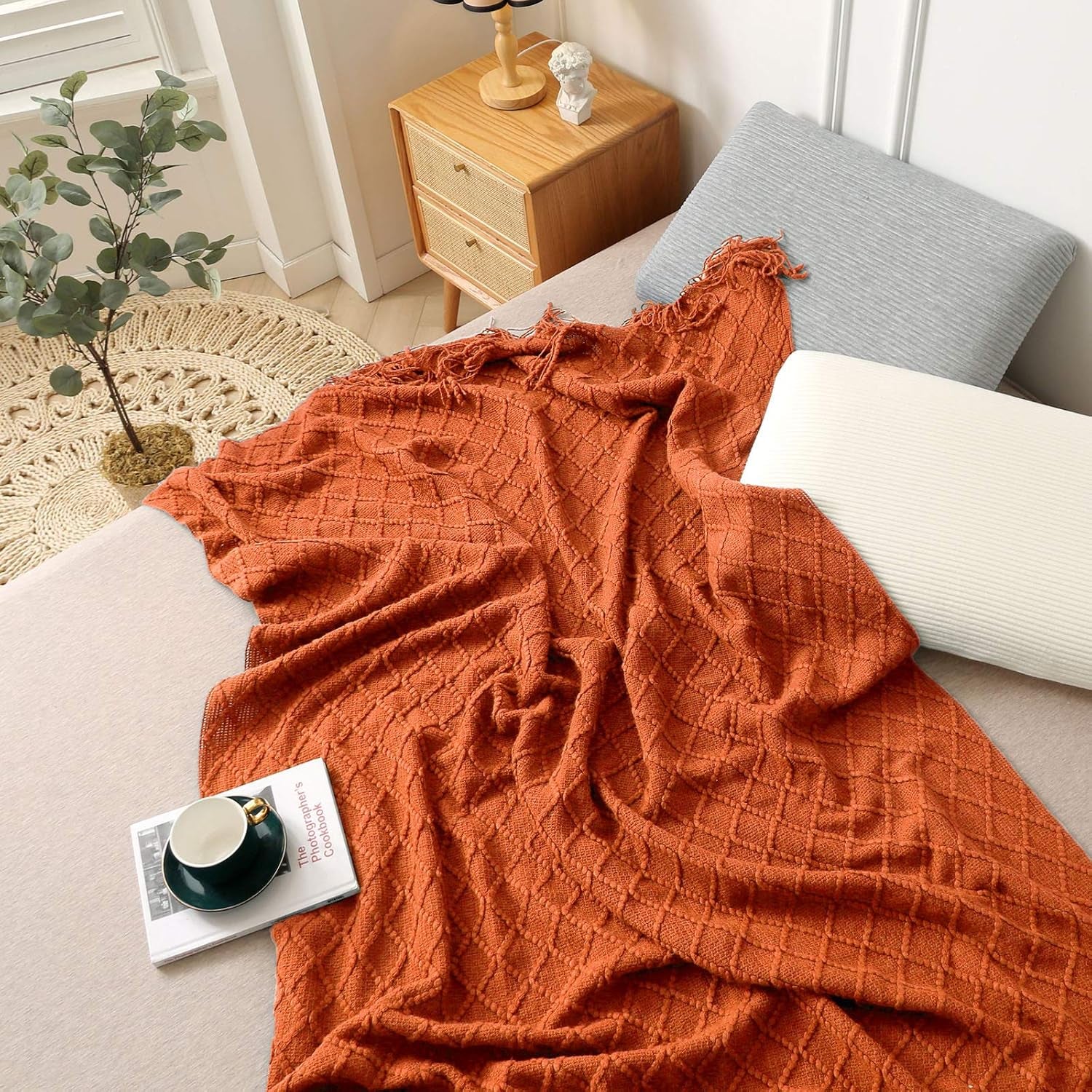 Orange Throw Blankets, Knit Throw Blanket, Boho Throw Blanket for Couch,Bed, Farmhouse Throw Blanket, Lightweight Woven Throw Blanket, Decorative Throw Blanket (50"X60")