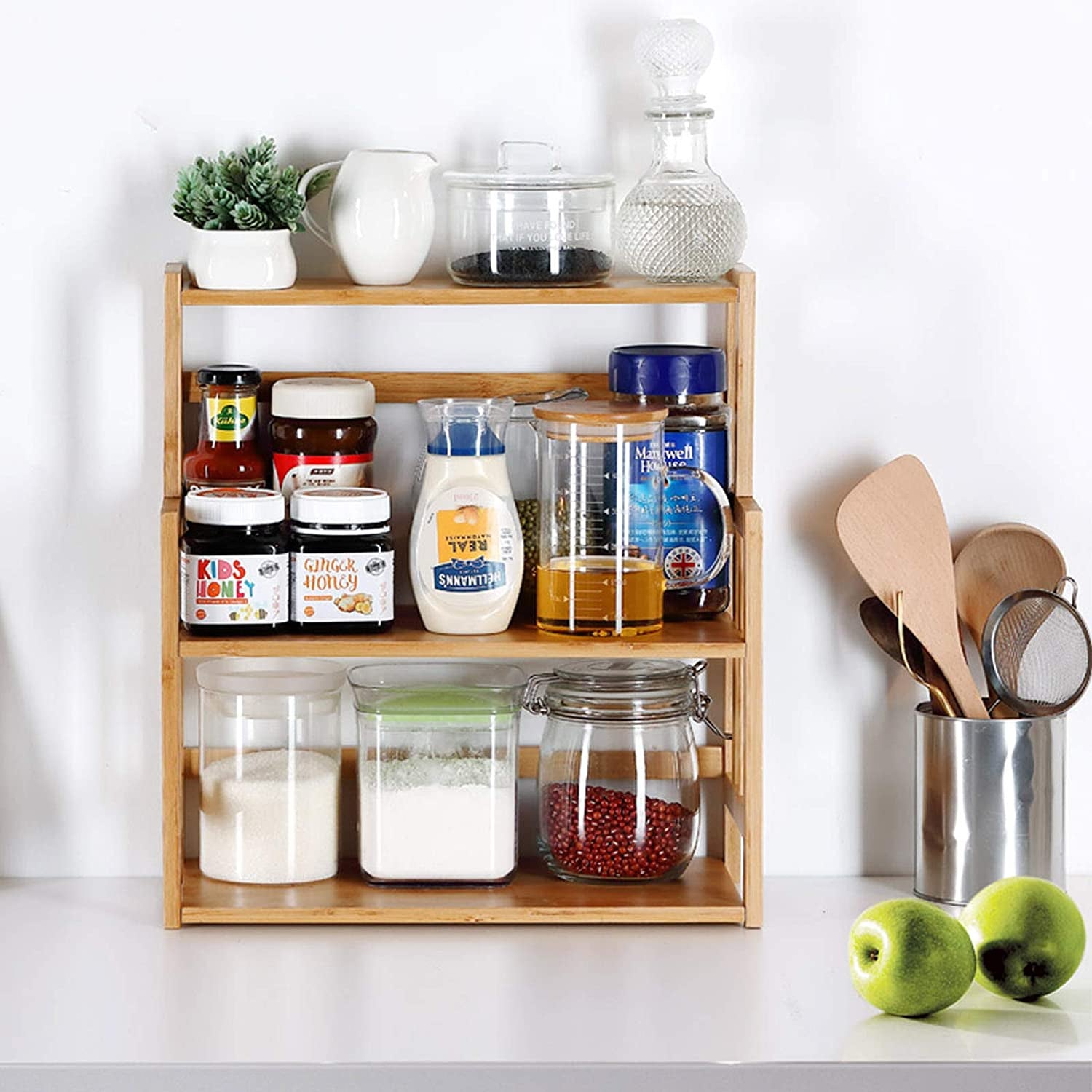 Stylish Bamboo Spice Rack Organizer - 3 Tier Adjustable Kitchen Countertop Shelf for Ultimate Storage Solutions
