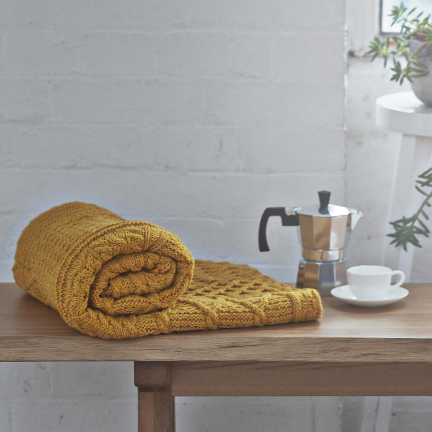 Patchwork Blanket, 100% Merino Wool, Cable Throw Blanket for Couch or Bed, Made in Ireland, Keel, Yellow, 40" X 60" (102 X 152 Cm)
