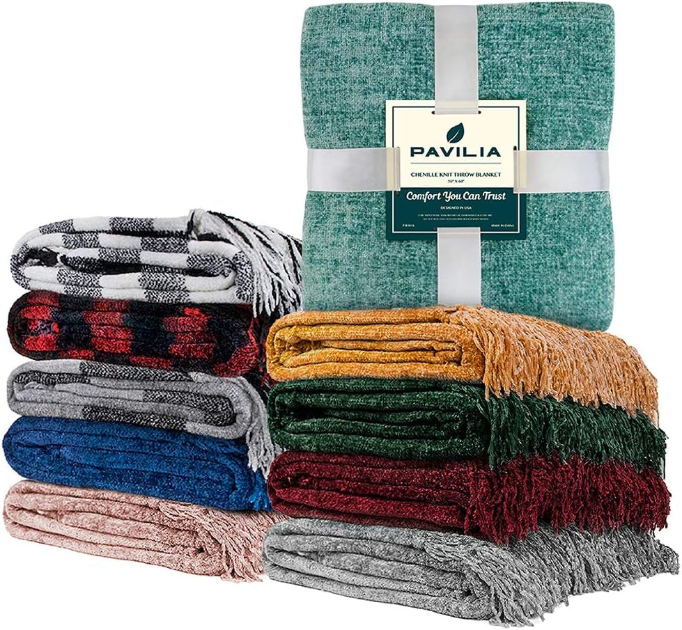 Blue Throw Blanket, Twin Size, Chenille, Knit Woven with Tassel, Decorative Textured, 60X80