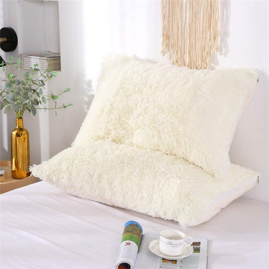 Fluffy Pillowcase Standard Size Set of 2, Creamy White, Sherpa Shaggy Pillow Cases Decorative Covers with Zipper (Cream White)