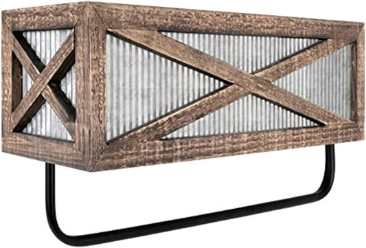 Chic Farmhouse Rustic Towel Rack and Shelf - Stylish Wood and Galvanized Metal Design for Your Bathroom and Kitchen - Wall Mounted Storage Solution in Rustic Brown