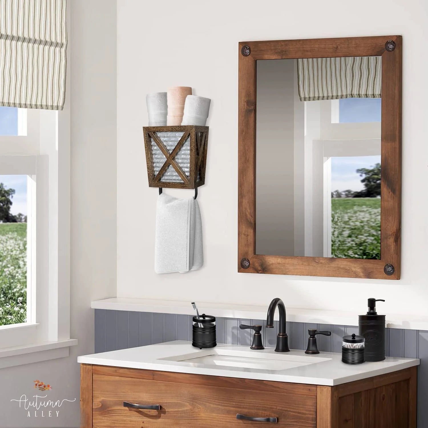 Rustic Farmhouse Hand Towel Holder - Stylish Wall Storage for Your Bathroom and Kitchen in Weathered Brown Wood and Galvanized Metal