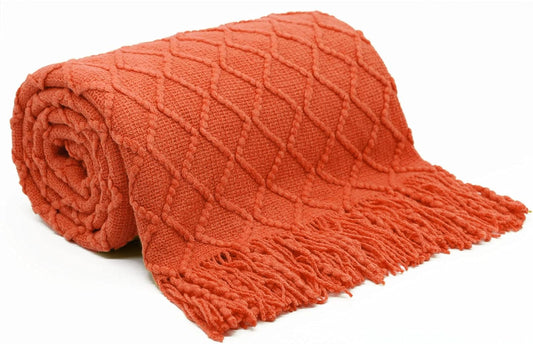 Orange Throw Blankets, Knit Throw Blanket, Boho Throw Blanket for Couch,Bed, Farmhouse Throw Blanket, Lightweight Woven Throw Blanket, Decorative Throw Blanket (50"X60")
