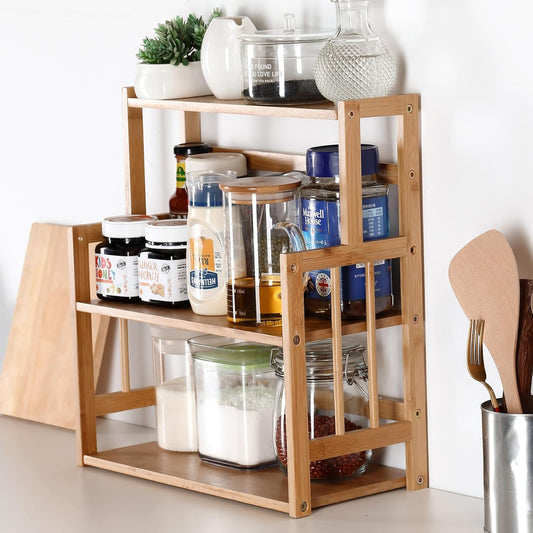 Stylish Bamboo Spice Rack Organizer - 3 Tier Adjustable Kitchen Countertop Shelf for Ultimate Storage Solutions