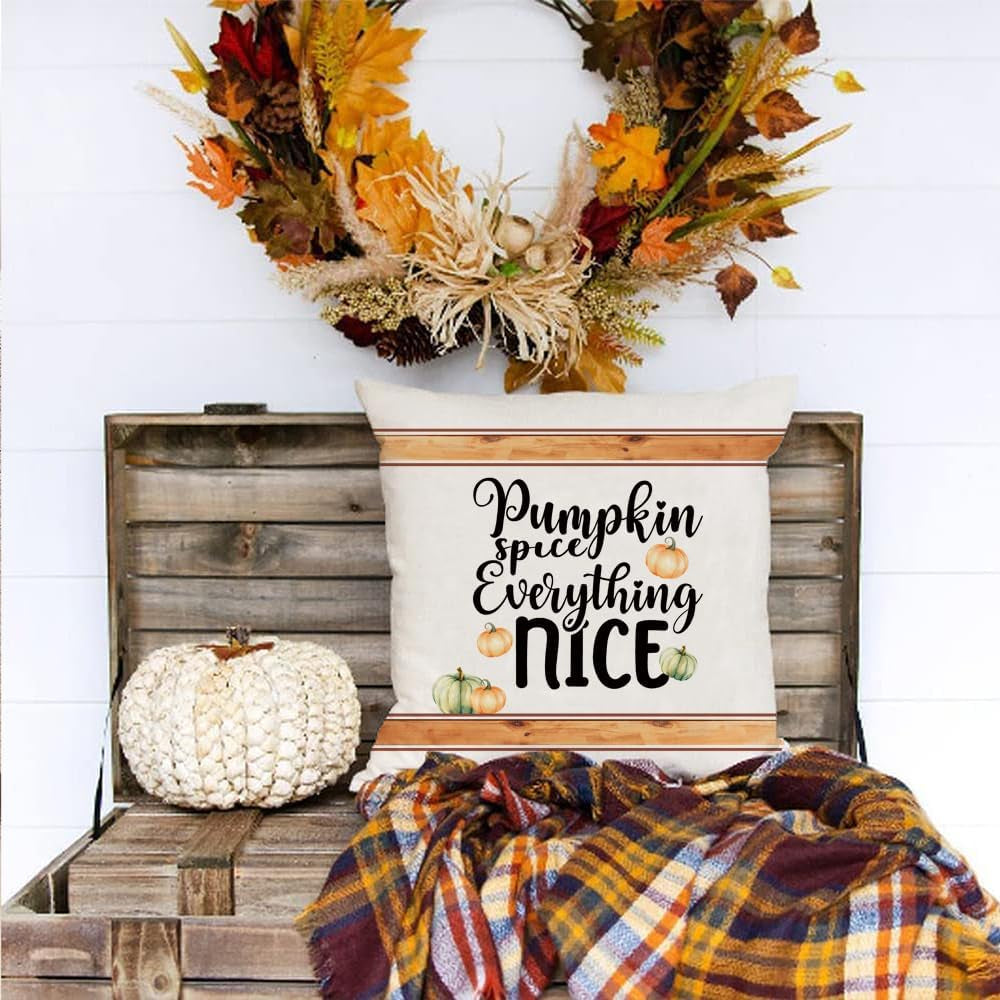 Fall Outdoor Throw Pillow Covers Thanksgiving 18X18 Set of 4 Decorations Autumn Farmhouse Rustic Decor Pumpkin Decorative Cushion Cases for Home Couch Porch Sofa Furniture