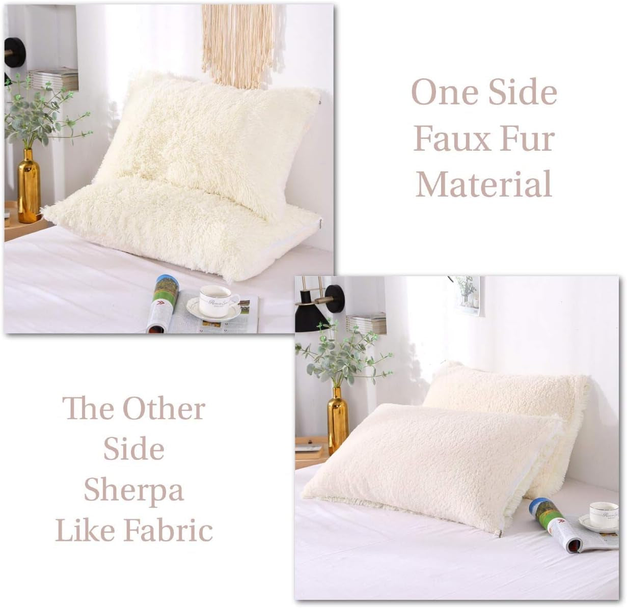 Fluffy Pillowcase Standard Size Set of 2, Creamy White, Sherpa Shaggy Pillow Cases Decorative Covers with Zipper (Cream White)