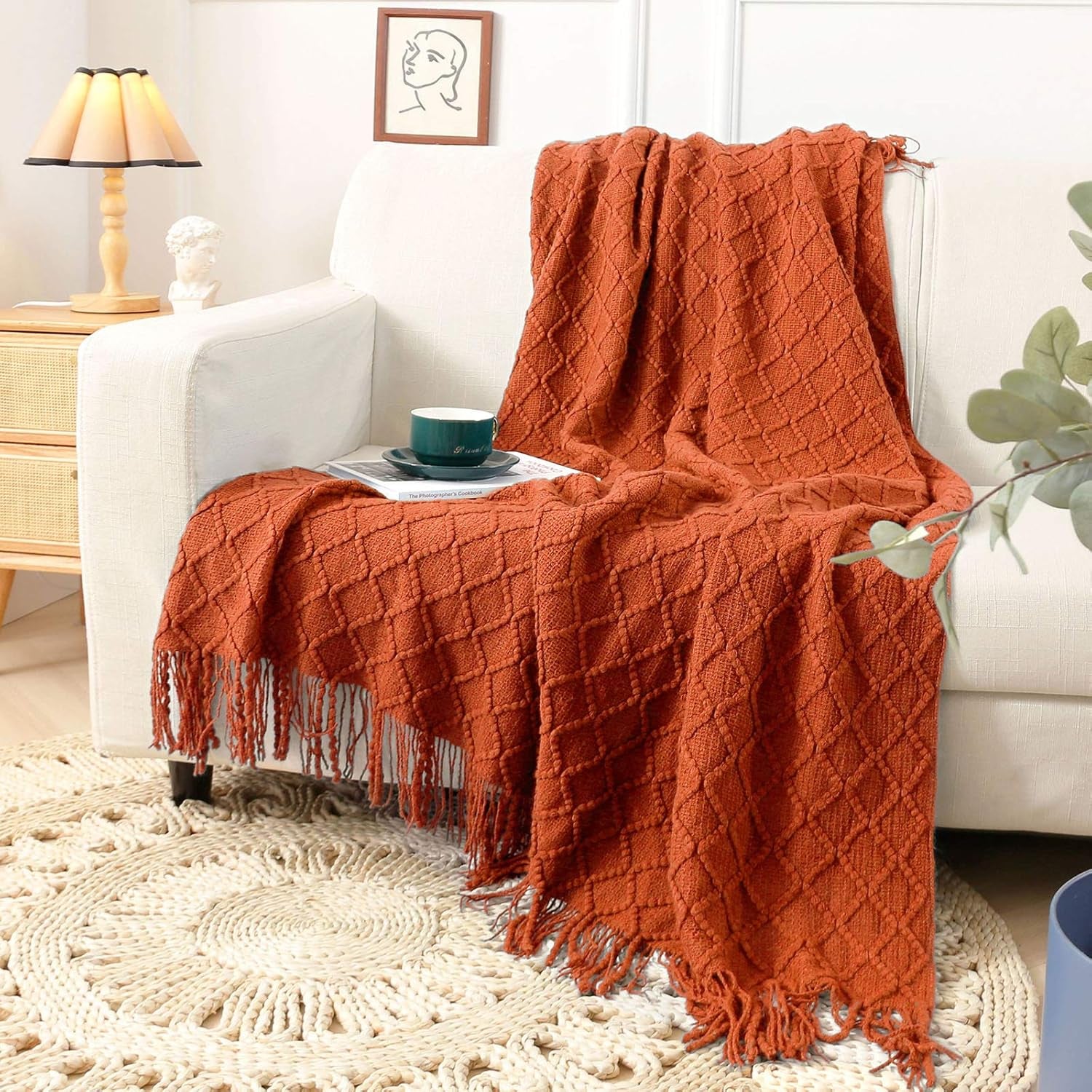 Orange Throw Blankets, Knit Throw Blanket, Boho Throw Blanket for Couch,Bed, Farmhouse Throw Blanket, Lightweight Woven Throw Blanket, Decorative Throw Blanket (50"X60")