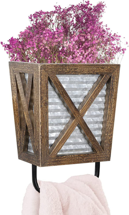 Rustic Farmhouse Hand Towel Holder - Stylish Wall Storage for Your Bathroom and Kitchen in Weathered Brown Wood and Galvanized Metal