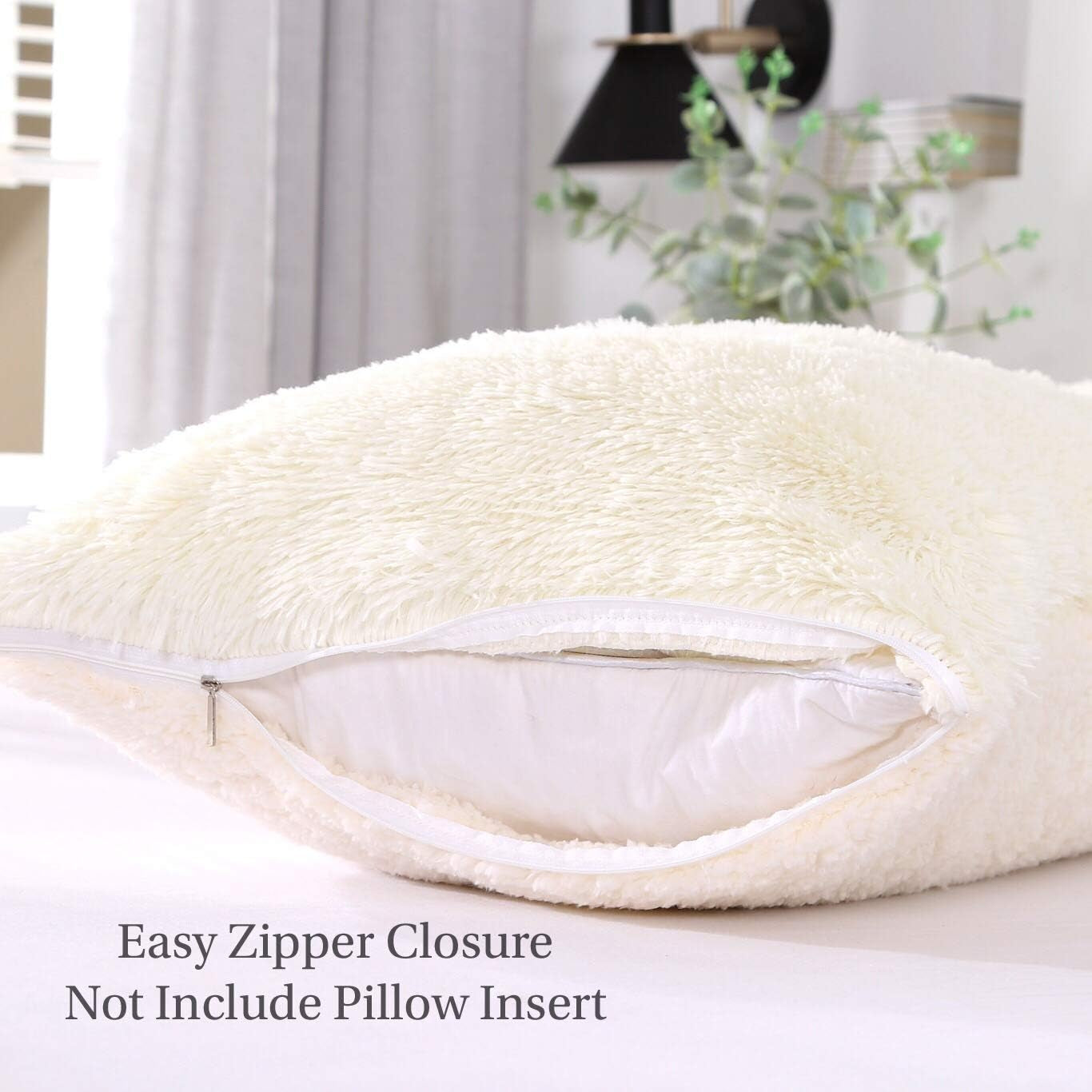 Fluffy Pillowcase Standard Size Set of 2, Creamy White, Sherpa Shaggy Pillow Cases Decorative Covers with Zipper (Cream White)