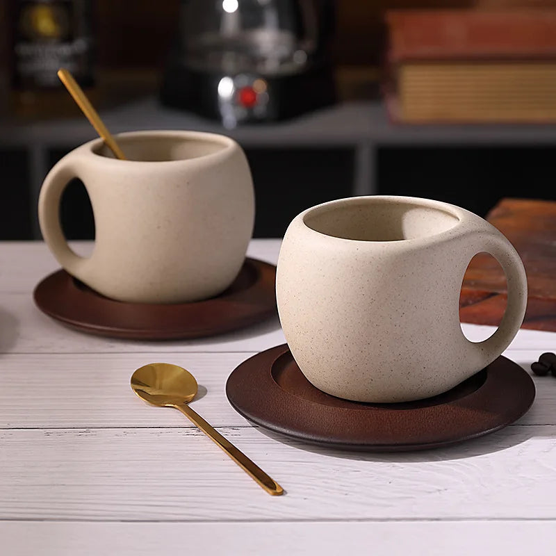 Elegant Retro Ceramic Coffee Cup and Saucer Set with Wooden Coasters - Perfect for Lattes, Teas, and More!