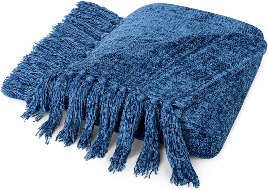 Blue Throw Blanket, Twin Size, Chenille, Knit Woven with Tassel, Decorative Textured, 60X80