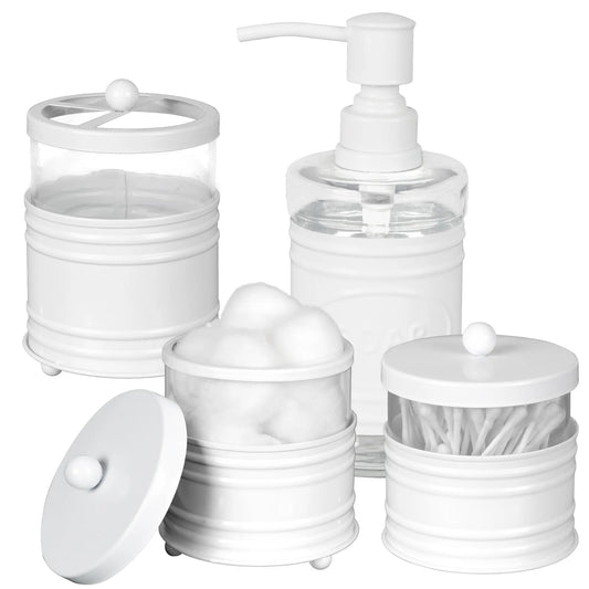 Transform Your Bathroom with Our 4-Piece White Metal Bath Set – Stylish Soap Dispenser, Toothbrush Holder, and Two Chic Apothecary Jars!