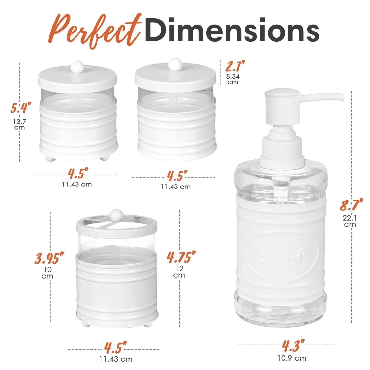 Transform Your Bathroom with Our 4-Piece White Metal Bath Set – Stylish Soap Dispenser, Toothbrush Holder, and Two Chic Apothecary Jars!