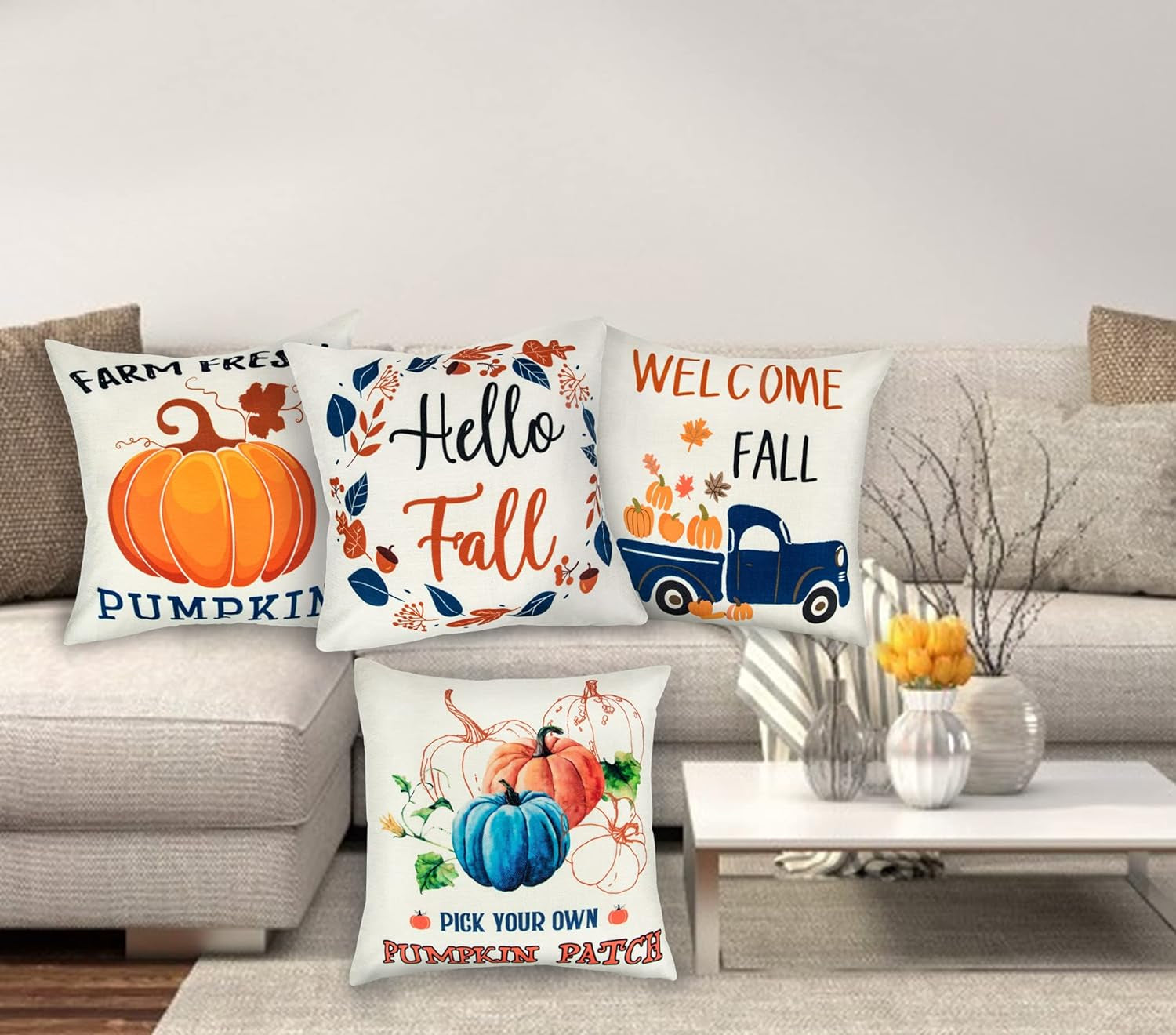 Fall Pillow Covers 18X18 Set of 4, Autumn Fall Outdoor Pillows Harvest Truck Maple Leaves Farmhouse Thanksgiving Fall Throw Pillows for Sofa Couch Room Decor