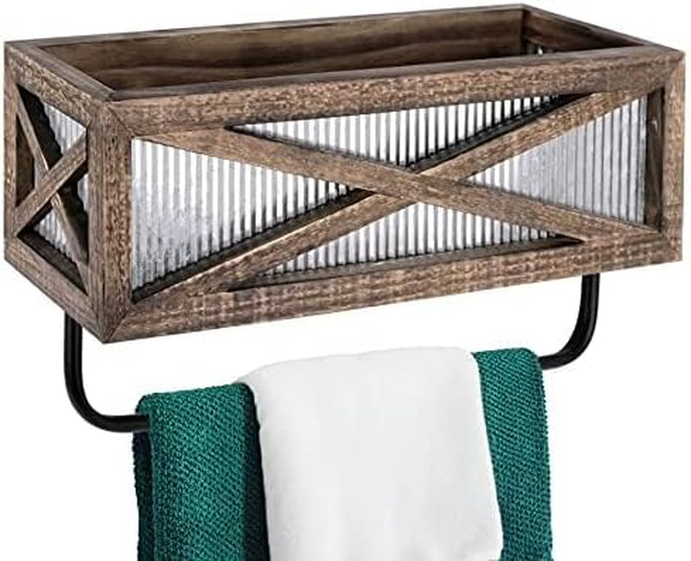 Chic Farmhouse Rustic Towel Rack and Shelf - Stylish Wood and Galvanized Metal Design for Your Bathroom and Kitchen - Wall Mounted Storage Solution in Rustic Brown