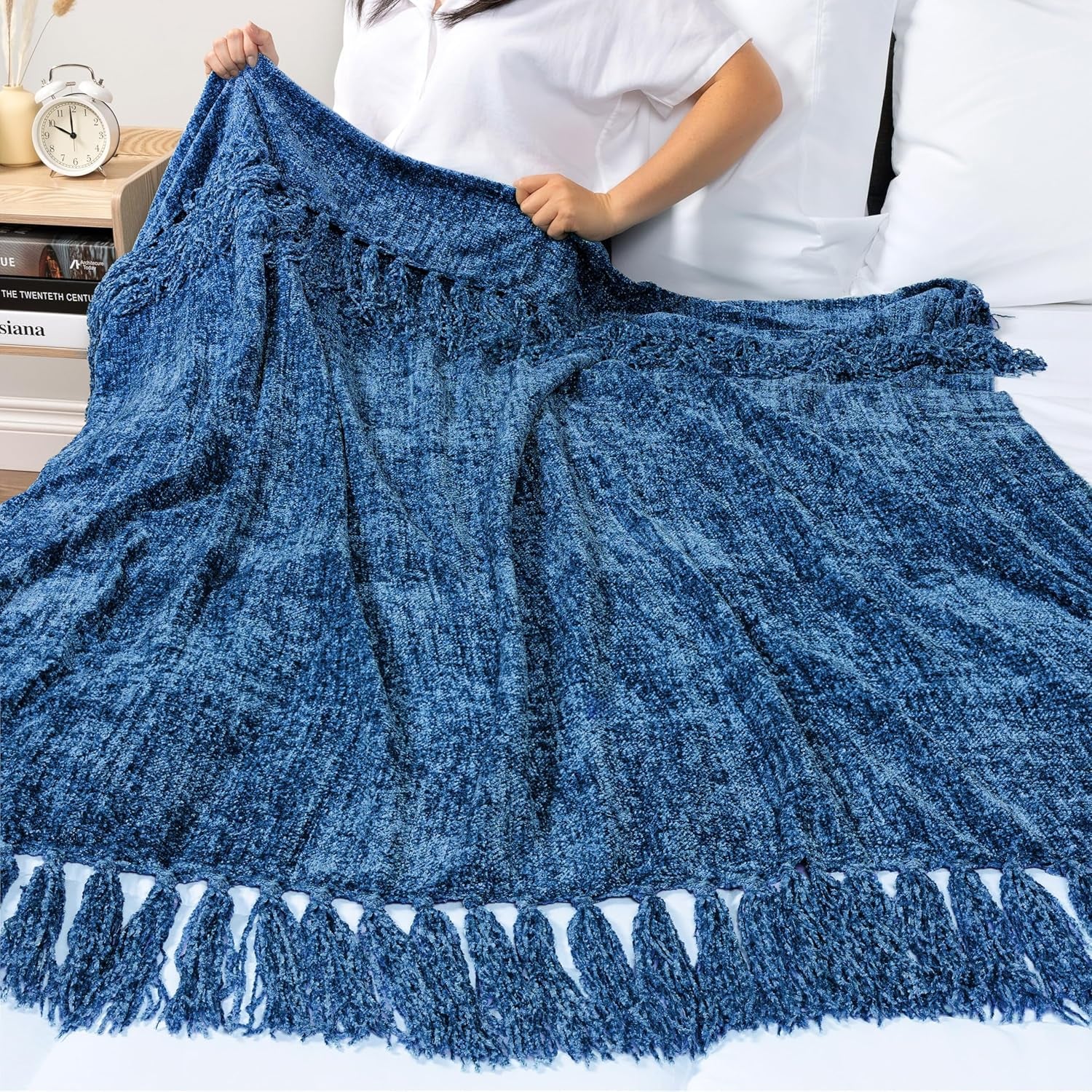 Blue Throw Blanket, Twin Size, Chenille, Knit Woven with Tassel, Decorative Textured, 60X80