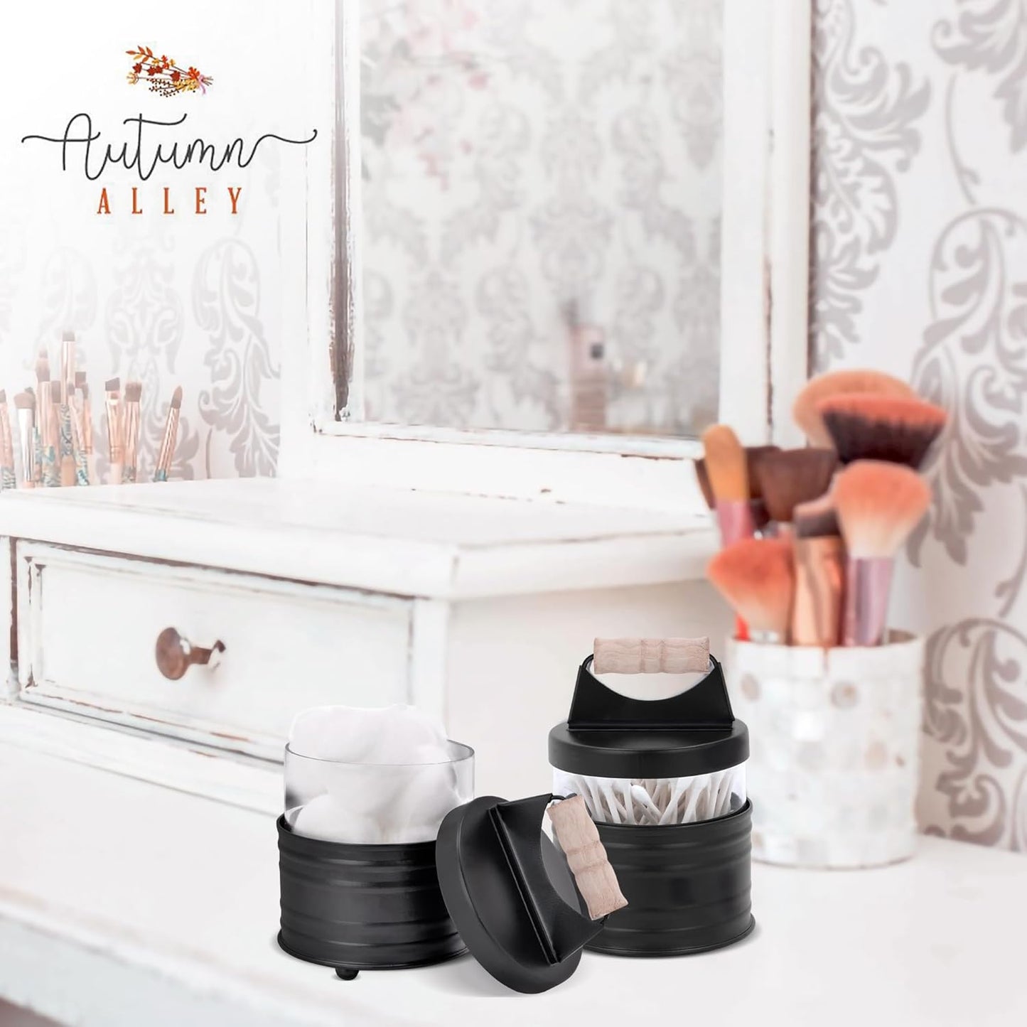Deluxe Farmhouse Apothecary Jars Set, Black Bathroom Jars Qtip Holder Glass - Rustic Vanity Organizer for Bathroom Counter, Cotton Balls, Swabs, Rounds, Salts 2-Small Glass with Lids