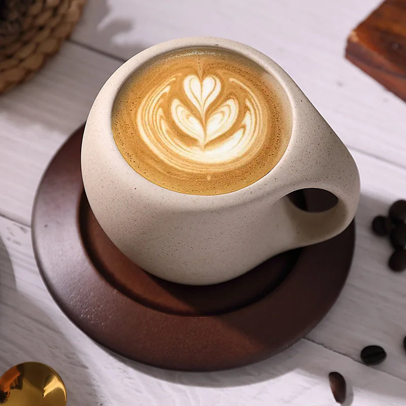 Elegant Retro Ceramic Coffee Cup and Saucer Set with Wooden Coasters - Perfect for Lattes, Teas, and More!